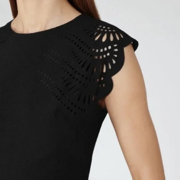 Reiss Kathy Black Laser Cut Out Scalloped Knee Length Short Cap Sleeve Dress 2 - Picture 5 of 5